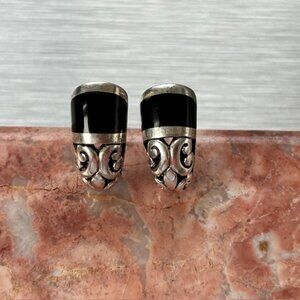 Brighton-style silver huggie earrings, black onyx inlays & scroll filigree